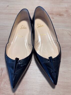 Christian Louboutin Black Patent Pointed Toe Flats with Bow Detail